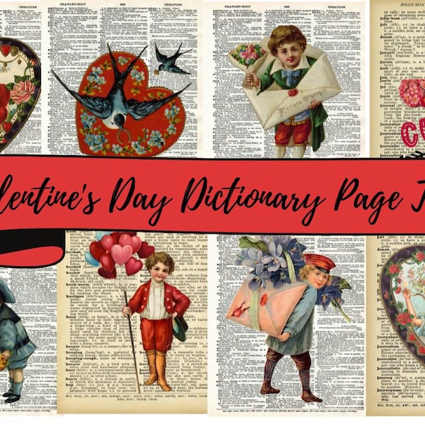 4 Valentine's Day Dictionary Page Digital Collage Sheet Tags for Altered Art, Scrapbooking, Cards, Instant Digital Download JPG and PDF