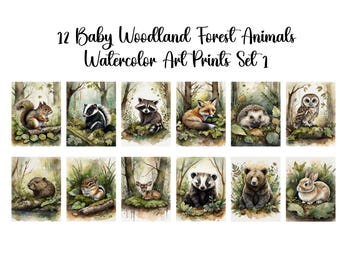 Set of 12 "Baby Woodland Forest Animals Set 1"  Printable  Nursery Wall Art Prints, Forest Animal, Instant Download, Commercial Use