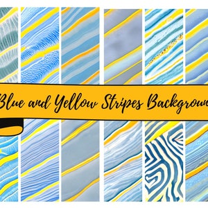 12 Blue and Yellow Stripes Background Sheets of 12 x 12&quot; JPG Digital Background Papers , Scrapbooking, Junk Journals, Card Making