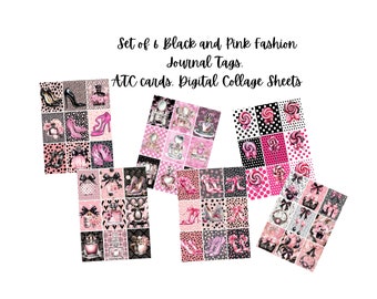 Set of 6 Black and Pink Fashion Tags Collage Sheets #2, Design Image Sheets For Decoupage, Labels, ATC Cards,   Instant Digital Download