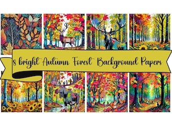 8  Watercolor Bright Autumn Forest Background Sheets,  JPG Digital Background Papers , Scrapbooking, Junk Journals, Card Making