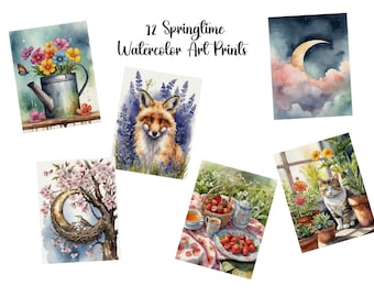 Set of 12 Watercolor Spring & Easter Art Prints Bundle Set 2 – Printable Seasonal Wall Decor | Digital Download I Commercial Use