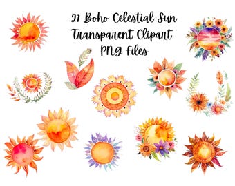 27 Aquarell Boho Solar Clipart Bundle | Sonnen- und Blumenillustrationen | Himmlische Clipart-Set | PNG Digitaler Download | Kommerzielle Nutzung