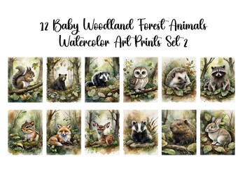 Set of 12 "Baby Woodland Forest Animals Set 2"  Printable  Nursery Wall Art Prints, Forest Animal, Instant Download, Commercial Use