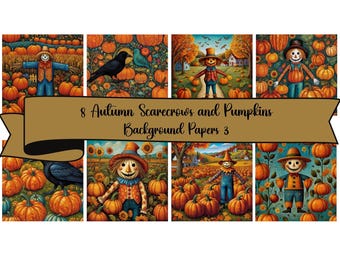 Könnte beinhalten: Acht digitale Papierdesigns mit Vogelscheuchen und Kürbissen auf einem Feld. Die Papiere sind perfekt für Herbstbastelarbeiten und Scrapbooking.