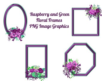 4 geometrische Himbeere Floral Frames Transparente PNG-Dateien, digitale Rahmen, kommerzielle Nutzung, Scrapbook liefert, Instant Download