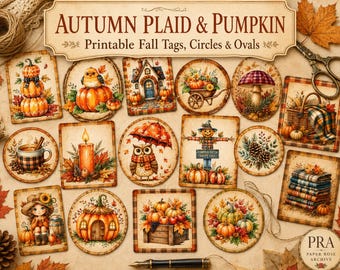 Herfstruitjes en pompoenen | Printbare herfstlabels, cirkels en ovalen | Vintage herfst-junkjournal-toevoegingen (JPG en PDF digitale download)