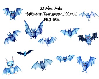 22 Mystical Blue Bats Clipart Bundle – Watercolor PNG Graphics for Halloween, Junk Journals, Stickers & Digital Crafts  Commercial Use