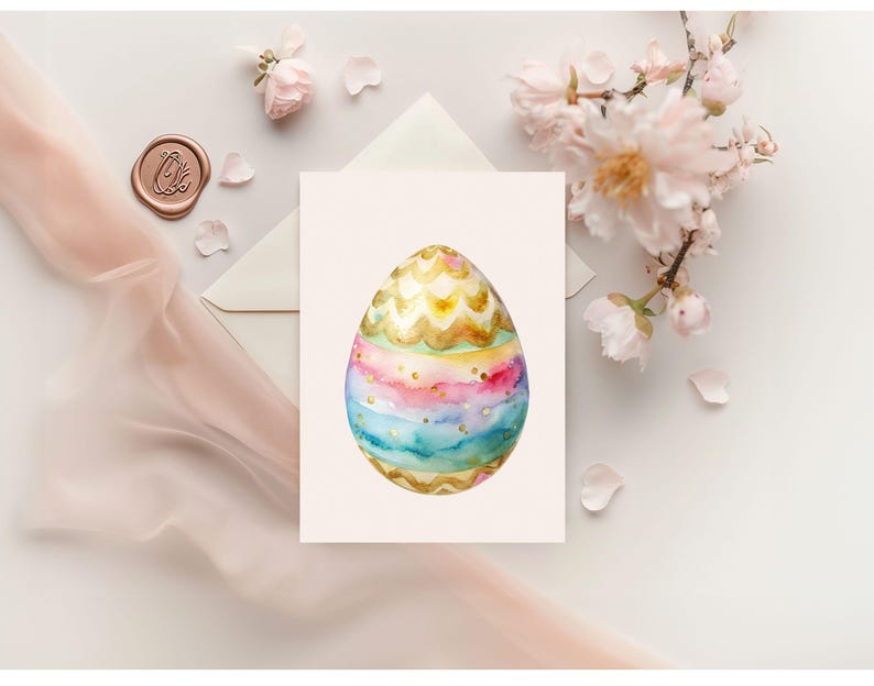 May include: A watercolor painting of a colorful Easter egg with gold accents. The egg is decorated with stripes, dots, and swirls.