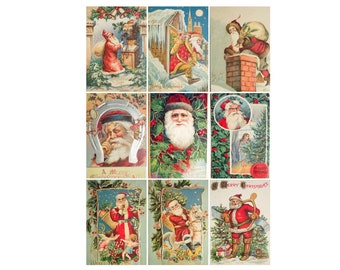May include: A collection of vintage Christmas postcards featuring Santa Claus in various scenes. The postcards are printed in red, green, blue, and white with gold accents. Some of the postcards feature Santa Claus delivering presents, climbing down a chimney, and riding in a sleigh.