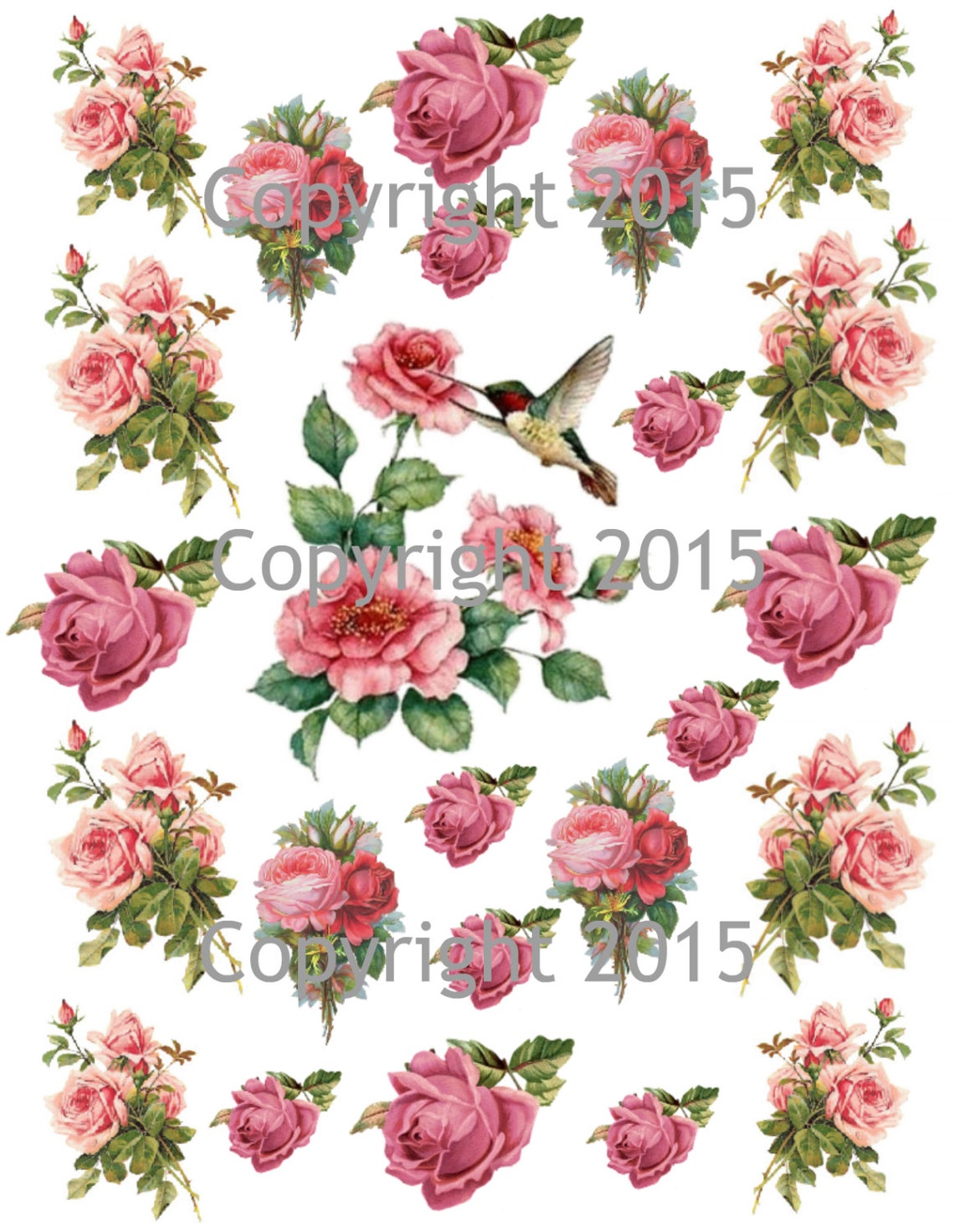 Printable Victorian Flowers Pink Roses and Hummingbird Collage | Etsy