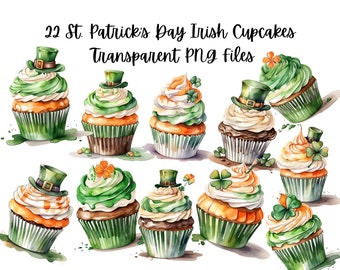22 Irish Saint Patrick's Day CupCakes Images Clip Art Transparent PNG Files Instant Download, Scrapbooking, Card making, digital
