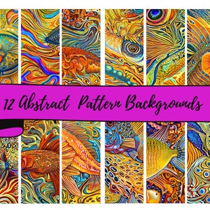 12 Abstract Fractal Fish Background Sheets of 12 x 12" JPG Digital Background Papers , Scrapbooking, Junk Journals, Card Making