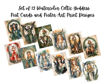 12 Watercolor Celtic Goddess Art Prints 2 n Postcard & Poster Sizes. PDF and JPG Digital,  Cetlic Goddess Art Prints, Instant Download