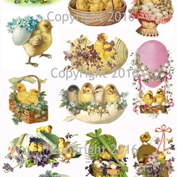 Printable Victorian Easter Chicks and Eggs #104 Collage Sheet. Instant Digital Download, Easter Rabbits, Bunnies, Scrapbook Embellishments