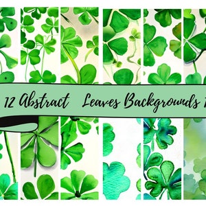 Op de afbeelding: Twaalf abstracte aquarel achtergronden met groene klaverbladeren. De achtergronden zijn perfect voor digitaal scrapbooken, kaart maken en andere creatieve projecten.