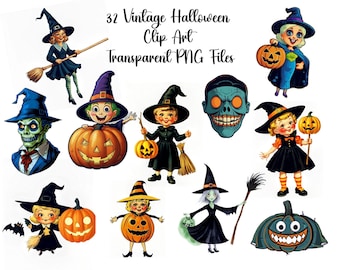 32 Vintage Halloween Clip Art Images, Transparent PNG Files, POD,  Instant Download for Scrapbooking, Art, Graphic Design Clipart