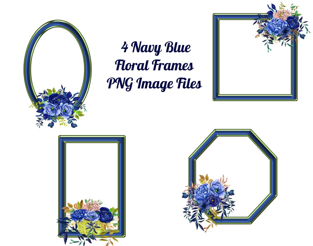4 Geometric Navy Floral Frames Transparent PNG Files, Digital Frames ...