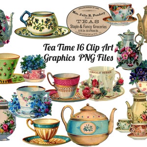 Puede incluir: Una colecci&oacute;n de 16 im&aacute;genes de arte de clip vintage de tazas de t&eacute; y teteras en formato PNG. Las im&aacute;genes presentan dise&ntilde;os florales, incluyendo rosas, nomeolvides y pensamientos, en tonos de azul, rosa, amarillo y verde. Las tazas de t&eacute; y las teteras est&aacute;n decoradas con ribetes dorados y patrones intrincados.