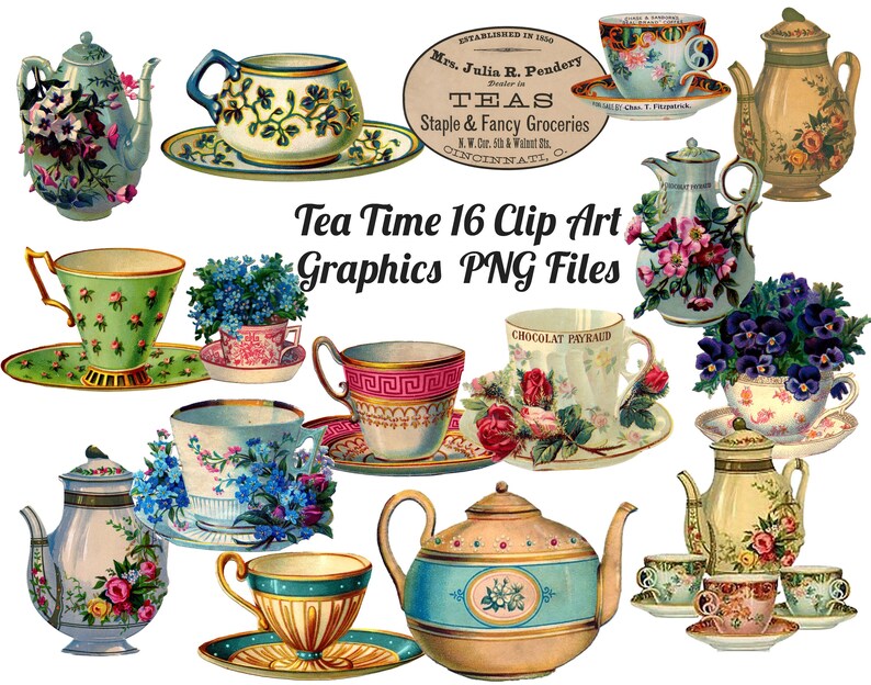 Puede incluir: Una colecci&oacute;n de 16 im&aacute;genes de arte de clip vintage de tazas de t&eacute; y teteras en formato PNG. Las im&aacute;genes presentan dise&ntilde;os florales, incluyendo rosas, nomeolvides y pensamientos, en tonos de azul, rosa, amarillo y verde. Las tazas de t&eacute; y las teteras est&aacute;n decoradas con ribetes dorados y patrones intrincados.