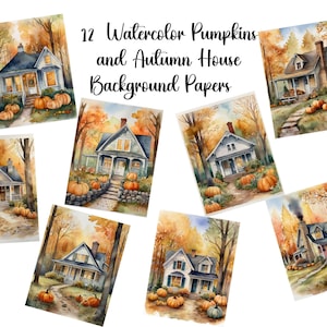 Set of 12 Colonial Americana Folk Art Autumn Prints &quot;Autumn House and Pumpkins&quot;  Harvest Decor, Instant Download, Wall Decor, Commercial Use