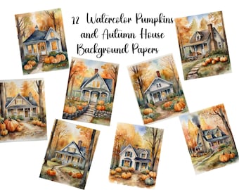 Set of 12 Colonial Americana Folk Art Autumn Prints "Autumn House and Pumpkins"  Harvest Decor, Instant Download, Wall Decor, Commercial Use