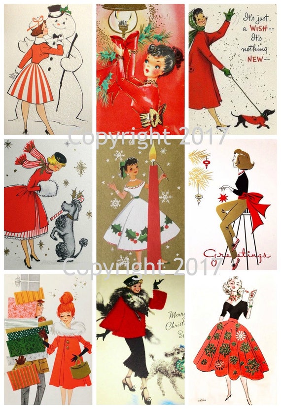 Printable Circa 1950's Retro Winter Christmas Card Images Collage