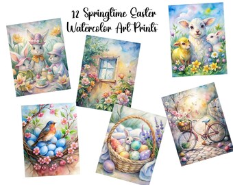Set of 12 Watercolor Spring & Easter Art Prints Bundle Set 4 – Printable Seasonal Wall Decor | Digital Download I Commercial Use