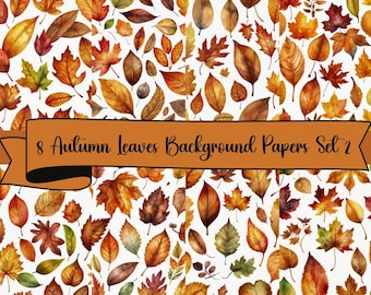 8  Watercolor Autumn Leaves Background Sheets, Set 2, JPG Digital Background Papers , Scrapbooking, Junk Journals, Card Making