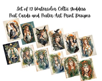 12 Watercolor Celtic Goddess Art Prints in Postcard & Poster Sizes. PDF and JPG Digital Images,  Cetlic Goddess Art Prints, Instant Download