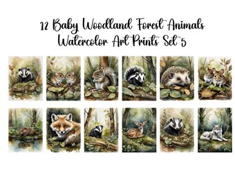 Set of 12 "Woodland Forest Sleeping Baby Animals Set 4"  Printable  Nursery Wall Art Prints, Forest Animal, Instant Download, Commercial Use