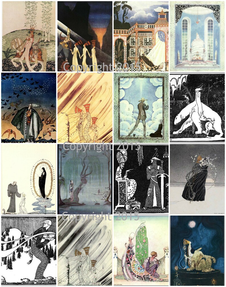 K&ouml;nnte beinhalten: Eine Sammlung von Vintage-Kunstdrucken mit Illustrationen zum Thema Fantasie. Die Bilder zeigen Figuren in aufwendigen Kost&uuml;men, Landschaften und Szenen mit traumhafter Qualit&auml;t. Die Farbpalette umfasst ged&auml;mpfte T&ouml;ne und detaillierte Linien.