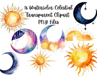 16 Aquarell Sonnen und Mond Clipart Bundle | Sonne und Mond Illustrationen | Himmlische Clipart-Set | PNG Digitaler Download | Kommerzielle Nutzung