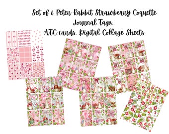 Set of 6  Peter Rabbit Strawberry Coquette Tags Collage Sheets, Design Image Sheets, Labels, ATC Cards, Instant Digital Download