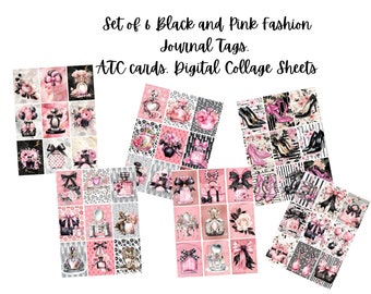 Set of 6 Black and Pink Fashion Tags Collage Sheets, Design Image Sheets For Decoupage, Labels, ATC Cards,   Instant Digital Download