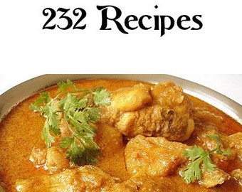 Op de afbeelding: Een close-up van een kom kipcurry met koriander garnering. De titel "The Curry Cookbook" en "232 Recipes" zijn zichtbaar boven de kom.