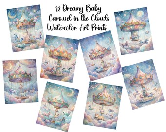 Set of 12 "Dreamy Baby Carousel in the Clouds"  Wall Art |   Pastel Printable Watercolor Nursery Art  – Instant Download, Commercial Use