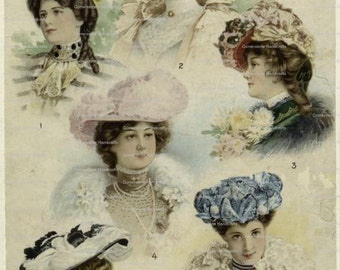 May include: Six different hats for afternoon and evening wear. The hats are all made of different materials and have different embellishments. The hats are all in various colors, including white, black, blue, pink, and green.