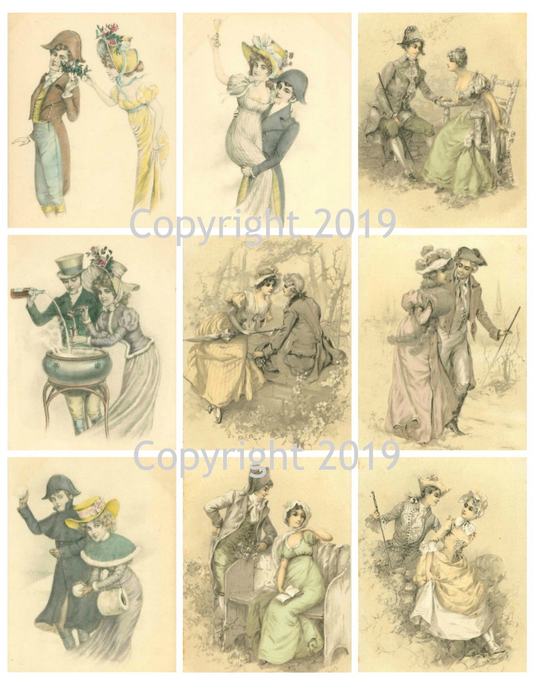 Vintage French Romantic Postcards Collage Sheet 103. Instant Digital