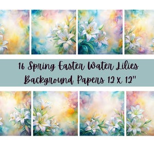 水彩イースターリリー春背景16枚 | 12x12インチデジタルペーパー | パステルイースター | スクラップブック用紙、即時ダウンロード、商用利用可
