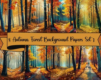 8  Watercolor Autumn Forest Background Sheets, Set 1, JPG Digital Background Papers , Scrapbooking, Junk Journals, Card Making
