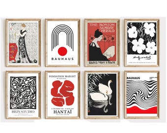 Printable Set of 8 Black and Red Vintage Art Print Set, Digital Download Gallery Wall Decor, Bauhaus and Modern Poster Collection