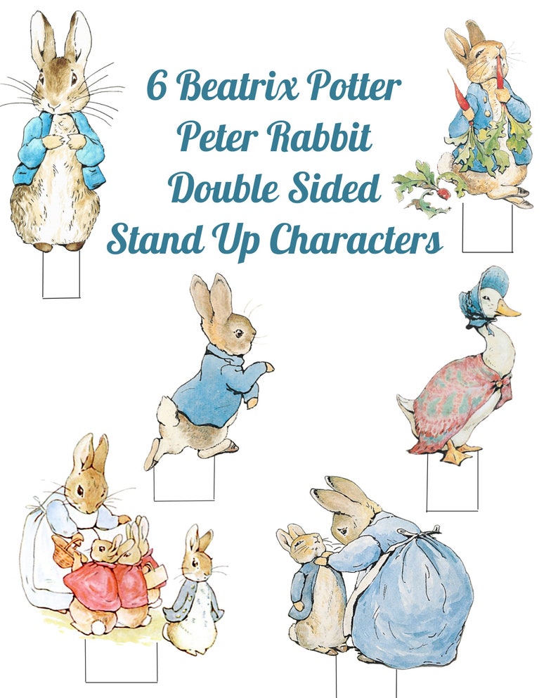 6 Beatrix Potter Peter Rabbit dubbelzijdige stand-up karakters voor doe-het-zelf feestdecoraties, taartdecor Instant Download PDF afbeelding 1
