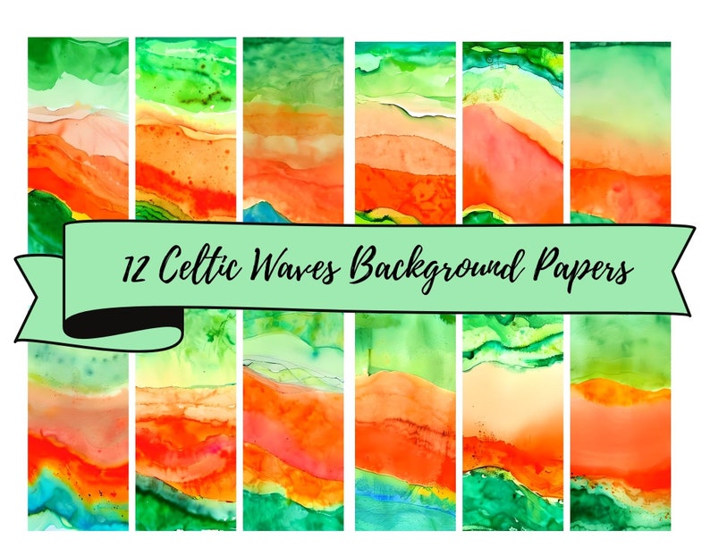 12 Celtic Waves St. Patrick's Day Background Papers 10 x 10 JPG Digital Images , Scrapbooking, Junk Journals, Card Making, Commercial Use image 1