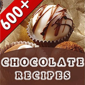 May include: A book cover with a close-up of chocolate truffles in a paper cup. The cover is brown with the text "600+ Chocolate Recipes" in white.