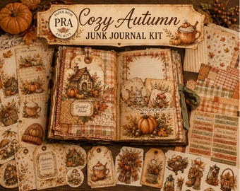 58 -Page Cozy Autumn Junk Journal Kit Printable Fall Pages, Vintage Autumn Ephemera, Fussy Cuts, Tags, Pockets,  JPG Digital Download