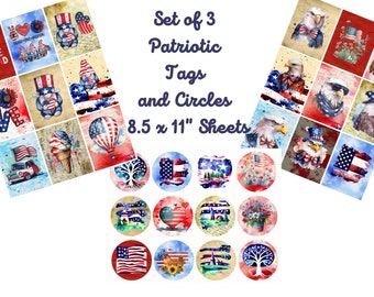 Set med 3 patriotiska dagboksetiketter och cirklar för ATC-kort, altered art, scrapbooking, korttillverkning. Direktnedladdning JPG och PDF 8,5 x 11"