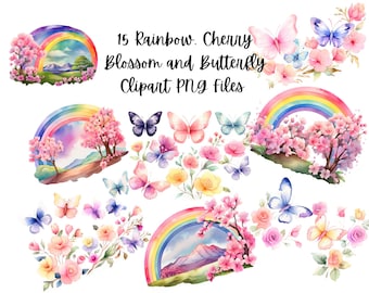 15 Springtime Rainbow, Cherry Blossom and Butterfly Transparent PNG File images for POD,  Spring Clipart Instant Download, Commercial Use