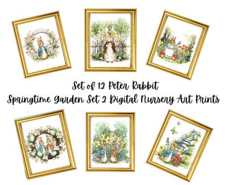 May include: Set of 12 digital nursery art prints featuring Peter Rabbit in a springtime garden setting. The prints are in gold frames and feature various scenes of Peter Rabbit with other animals and flowers.