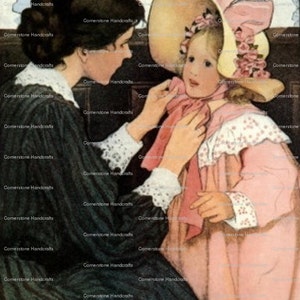 Pode incluir: Uma mulher de vestido preto ajuda uma menina a colocar um cachecol rosa. A menina está usando um vestido rosa e um chapéu de palha grande com flores rosas.